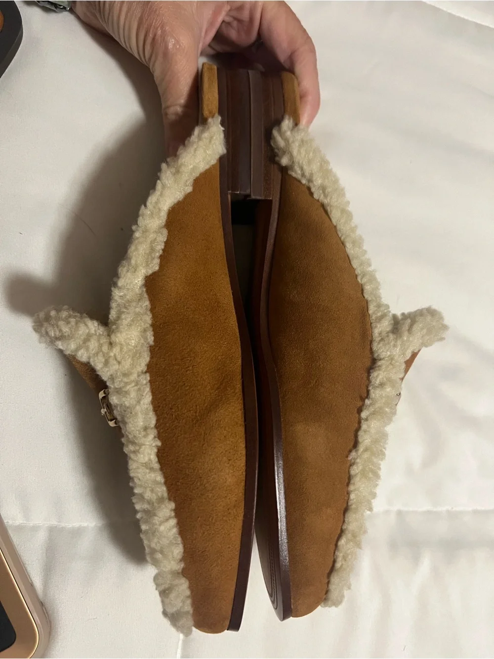 Sam Edelman Tan Suede Shearling-Trim Loafer Mules